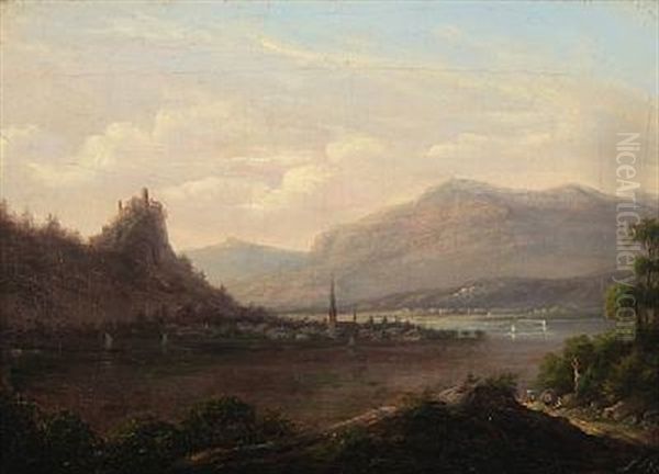 Mountainscape With Houses And Persons By An Inlet - view 1