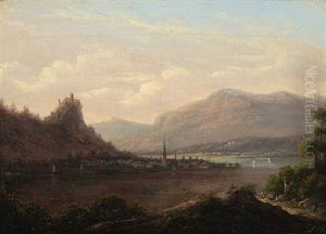 Mountainscape With Houses And Persons By An Inlet by Jens Peter (I.P.) Moeller