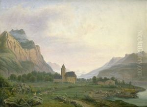Schweizer Gebirgslandschaft An Einem Flus Mit Kleiner Kirche by Jens Peter (I.P.) Moeller
