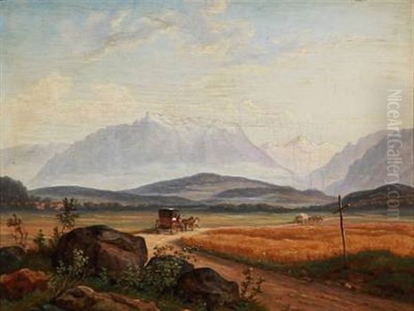 Southern German Mountain Landscape With Horse Carriages On The Road - view 1