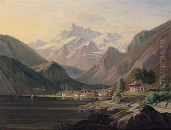 Schweizer Gebirgslandschaft Mit See Und Kirchdorf - view 1