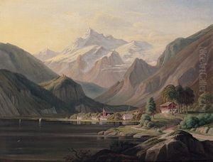 Schweizer Gebirgslandschaft Mit See Und Kirchdorf