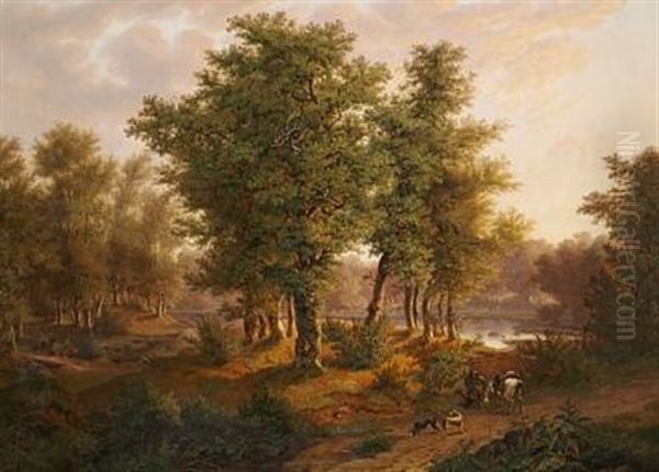 Skovpartie, Motiveret Efter Et Partie Ved Bregentved, Kaldet Undemose, Hvor, Efter Sagnet, Gamle Bregentveds Hovedbygning Har Staaet. Eftermiddags-belysning - view 1