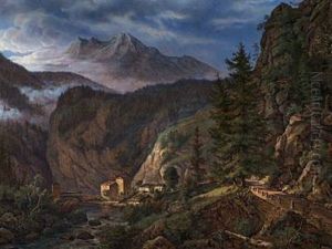 Slottet Landeck Ved Innfloden, Oplyst Af Den Dalende Soel Slottet Landeck Ved Innfloden, Oplyst Af Den Dalende Soel