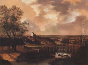 Dansk Landskab Med Kirke Og Sluse