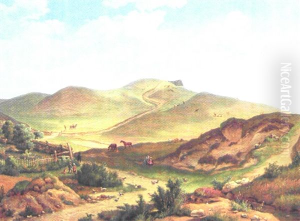 Landskab Ved Torring Praestegaard Ved Lemvig, Bakket Landskab Med Figurer Og Heste - view 1