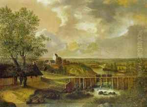 Dansk Landskab Med Sluse Og Landsbykirke