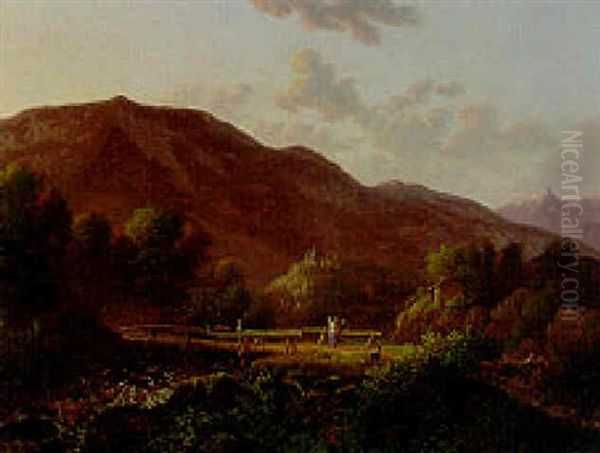 Countryfolk Crossing A River In A Mountainous Alpine Landscape, With A Castle Beyond - view 1