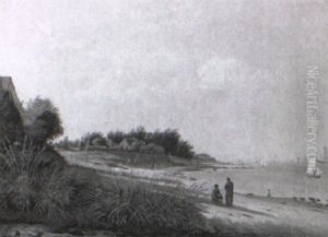 Strandparti I Helleb+k, I Baggrunden Sejlskibe Strandparti I Helleb+k, I Baggrunden Sejlskibe