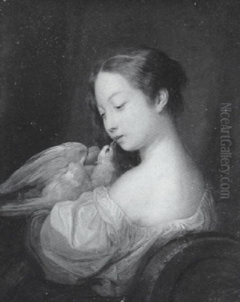 A Young Girl Wearing Loose White Robes And Blue Ribbon In Her Hair, She Holds A Dove Which Stretches Its Beak Towards Her Mouth - view 1