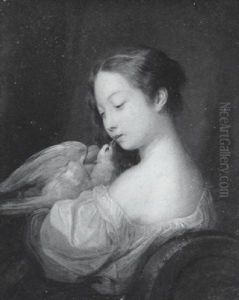 A Young Girl Wearing Loose White Robes And Blue Ribbon In Her Hair, She Holds A Dove Which Stretches Its Beak Towards Her Mouth
