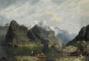 Fiord And Figures With Boats by Niels Bjornsen Moller