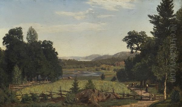 Landskap Med Gardsbruk Og Folkeliv - view 1