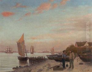 Fiskere Pa Stranden Ved Optrukne Bade Med Udsigt Til Kronborg