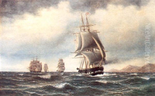 Marine Med Sejskibe Ved Klippekyst - view 1