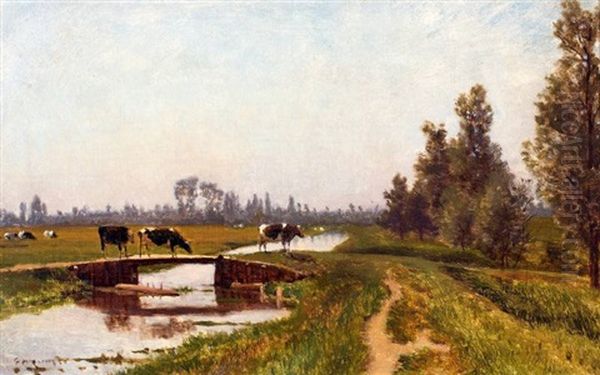 Zomerlandschap Met Koeien Bij Een Brug - view 1
