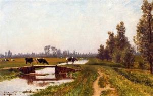 Zomerlandschap Met Koeien Bij Een Brug by Gerrit Alexander Godart Mollinger