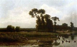Ducks In A Summer Landscape by Gerrit Alexander Godart Mollinger