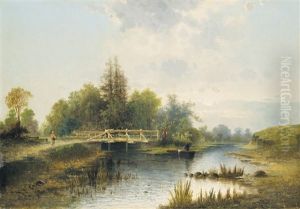 Riverbank With Figures by Jozsef Molnar