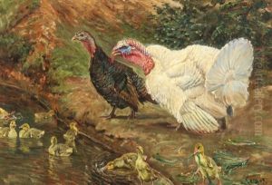 Landscape With A Couple Of Turkeys And Some Ducklings At The Bank Of A Lake
