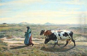 A Heather Landscape A Late Summer's Day With A Peasant Woman And Her Cows