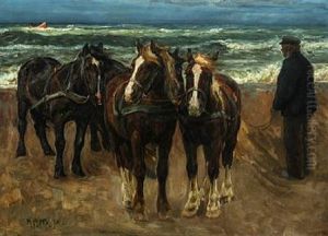 Man With Four Horses Watching A Boat At High Seas Near Skagen