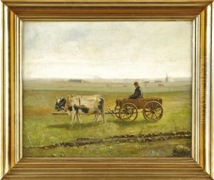 Weite, Horizontal Gegliederte Landschaft Mit Einem Bauern Auf Seinem Fuhrwerk by Niels Pedersen Mols