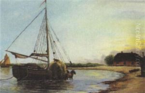 Sejlskib Der Laesser Korn Ved Kysten Pa Fano by Niels Pedersen Mols