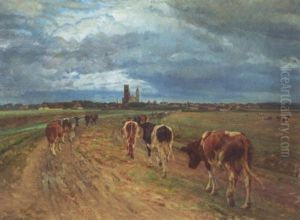 Hjem Fra Malkningen, Parti Fra Ribe Med I Baggrunden Ribe By by Niels Pedersen Mols