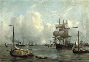Bustling Activity In A Dutch Harbor by Robert Charles Gustave Laurens Mols