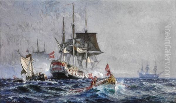 "linieskibet "ellefanten" Under Saetning Paa Kiobenhans Ydre Rhed Efter Et Besog Af Kong Chr. Den Sjette" - view 1