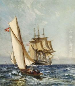 Seascape With A Danish Frigate And In The Foreground A Sailing Boat by Christian Molsted