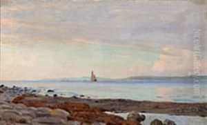 Coastal Scene With A Sailing Ship Seen From The Beach by Christian Molsted