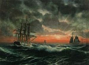 Seascape With Navy Ships At Drogden I Sunrise