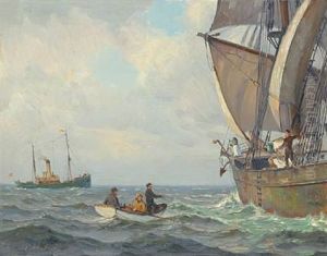 Seascape With A Rowing Boat By A Sailing Ship by Christian Molsted
