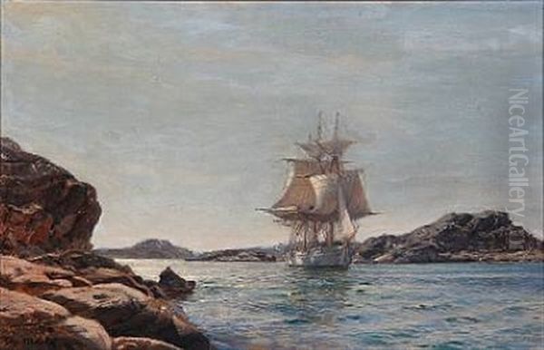 Seascape With A Sailing Ship Between Cliffs - view 1