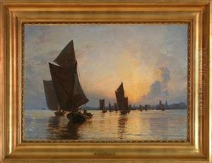 Solnedgang Ved Dragor - Fiskerflaaden Gaar Ud (sunset Above Dragor - The Fisherboats Leaving The Harbour) by Christian Molsted