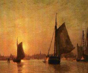 Sejlskibe I Kobenhavns Havn Ved Solnedgang by Christian Molsted