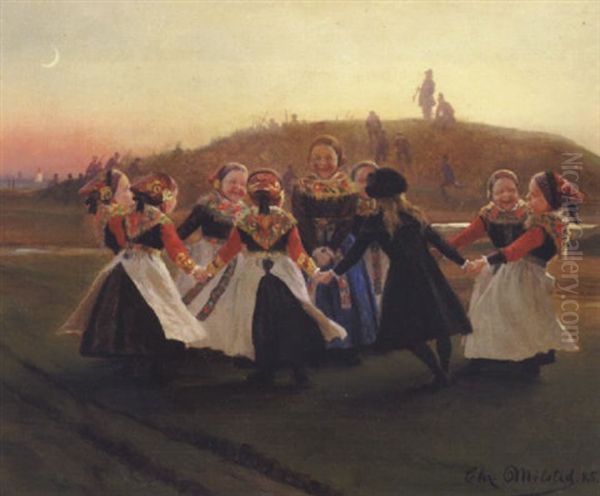 Amagerpiger I Det Frie Dansende Ringdans, Aftenbelysning. I Baggrunden, Drenge Som Lege Soldater. Motivet Fra Dragor - view 1