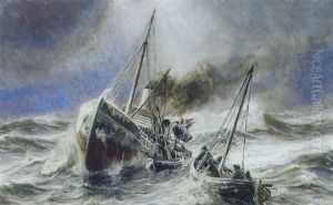Dampskibet "vestkysten" Optager Fiskere I Havsnod by Christian Molsted