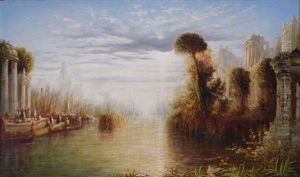 Classical River Landscape, With Figures On The Steps Below A Temple, Embarking Boats by Francis Moltino
