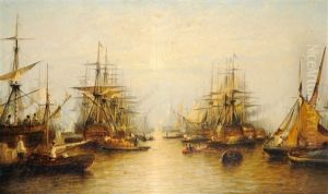 Naval Vessels, Barges, Fishing Boats And Other Shipping In A Harbor by Francis Moltino
