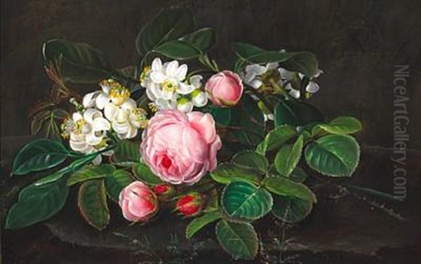 Pink Roses And Hawthorn On A Stone Sill - view 1