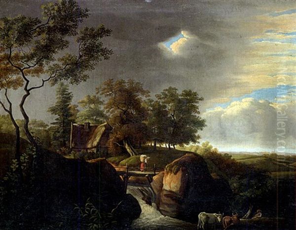Landschaft Mit Wasserfall Und Kuhen Vor Aufziehendem Gewitter - view 1