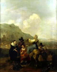 Girl On A Donkey Holding A Bird Cage With Vegetable Sellers And A Lady Choosing Some Grapes With Town And Mountain To Background