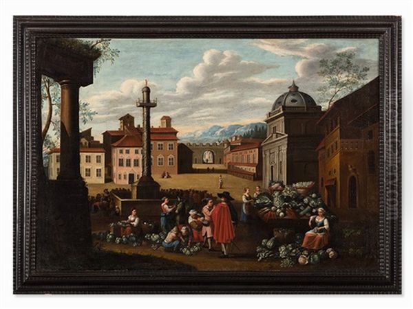 Market Scene At The Piazza Colonna Rome - view 1