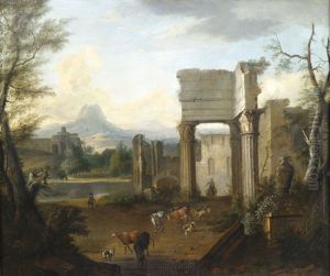 Campagnalandschaft Mit Hirten Und Tieren Vor Antiken Ruinen