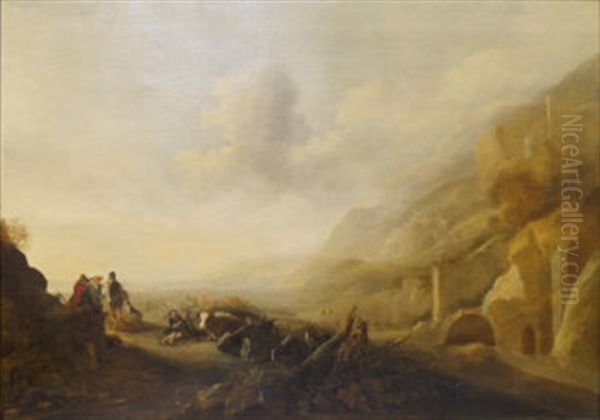 Pastoral Scene With Figures, Cattle And Sheep At An Encampment Near Ruins - view 1