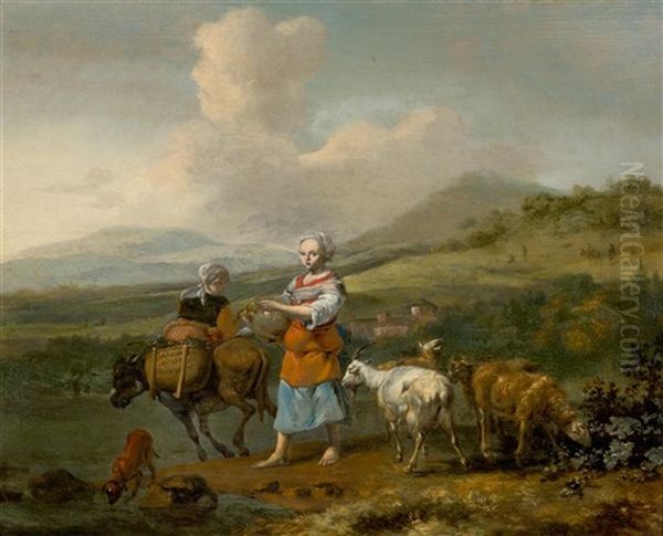 Mediterrane Landschaft Mit Bauerin Und Vieh - view 1
