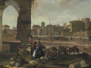 An Italianate Townscape With A Market In The Foreground And Figures Congregating On The Piazza An Italianate Townscape With A Market In The Foreground And Figures Congregating On The Piazza